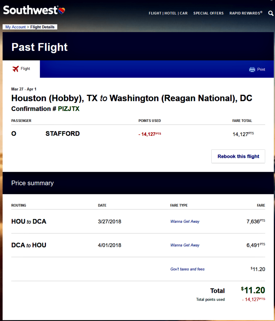 Experiencing Award Travel Payoff - Southwest Flight