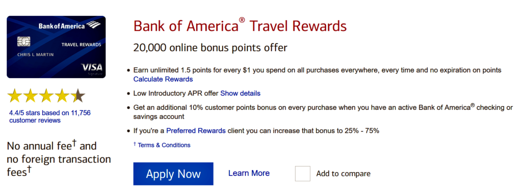 best no annual fee credit cards - Bank of America Travel Rewards